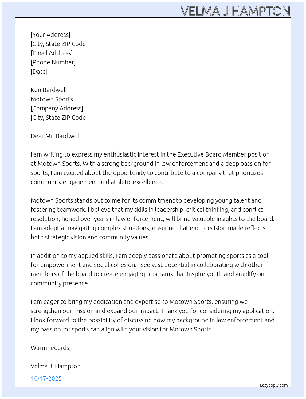 Executive Board Member At Motown Sports  Cover Letter