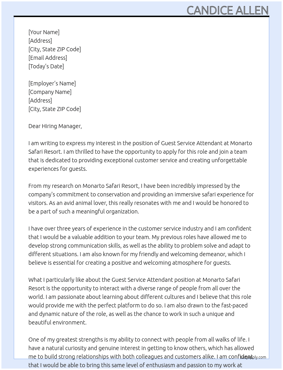 Guest Service Attendant At Monarto Safari Resort Cover Letter