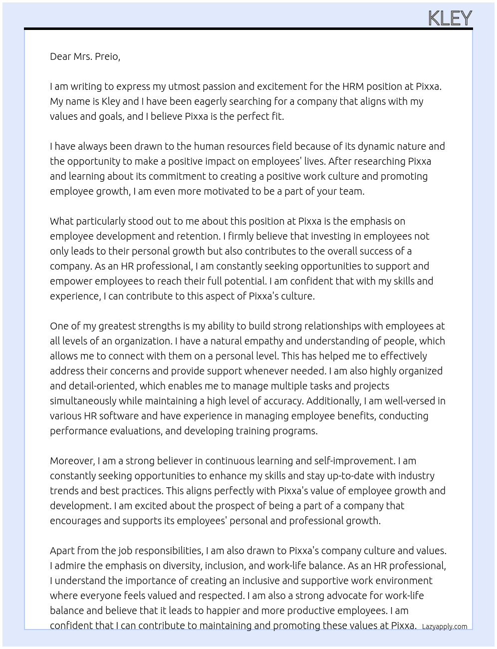 hrm  At pixxa Cover Letter