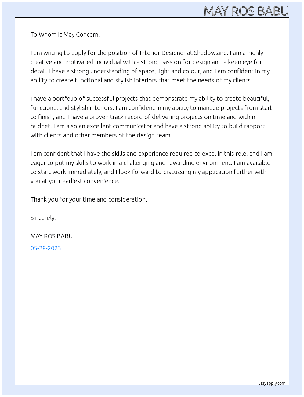Interior designer At Shadowlane Cover Letter