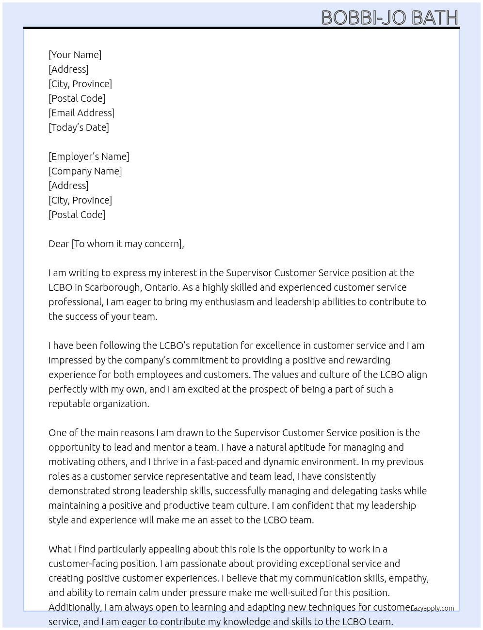 Supervisor Customer Service  At LCBO Cover Letter