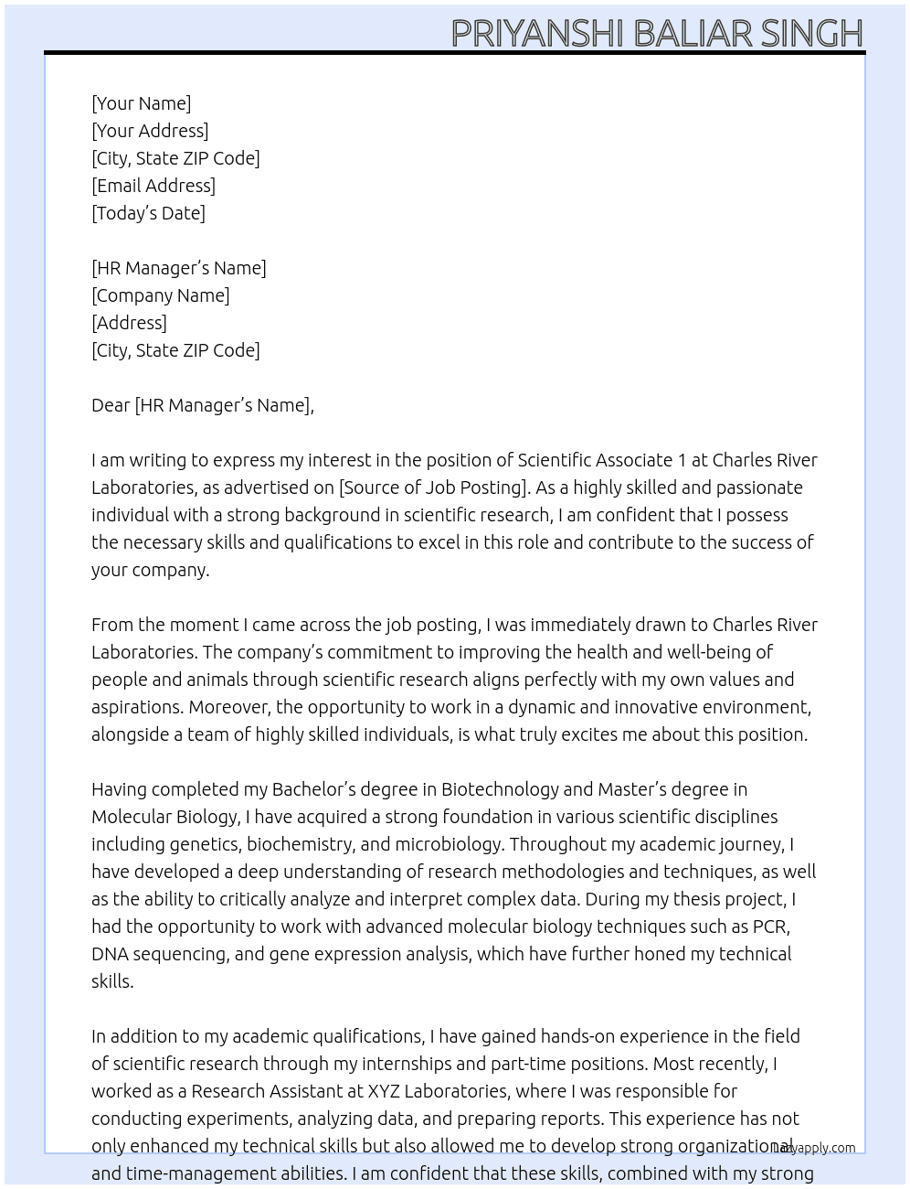 Scientific Associate 1  At Charles River Laboratories Cover Letter