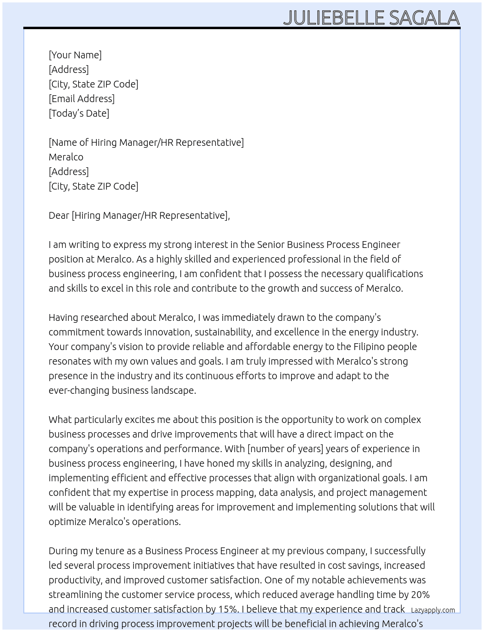 Senior Business Process Engineer At Meralco Cover Letter