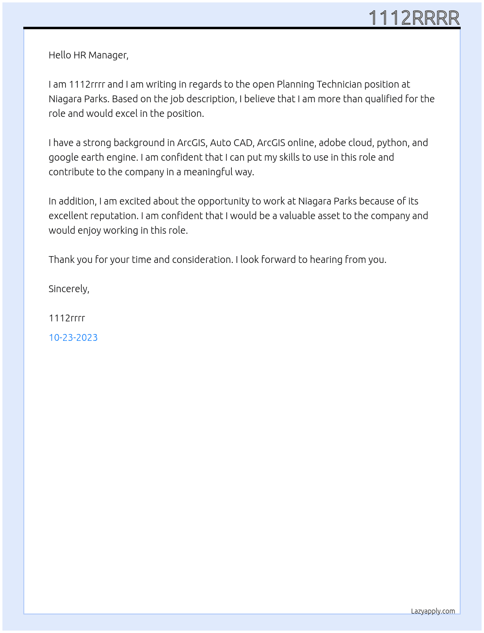 PLANNING TECHNICIAN At niagara parks Cover Letter