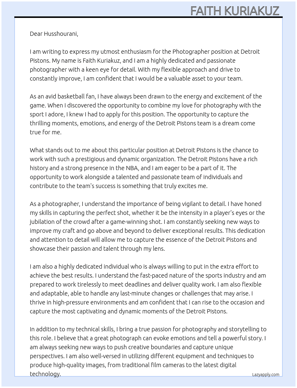 Photographer  At Detroit pistons  Cover Letter
