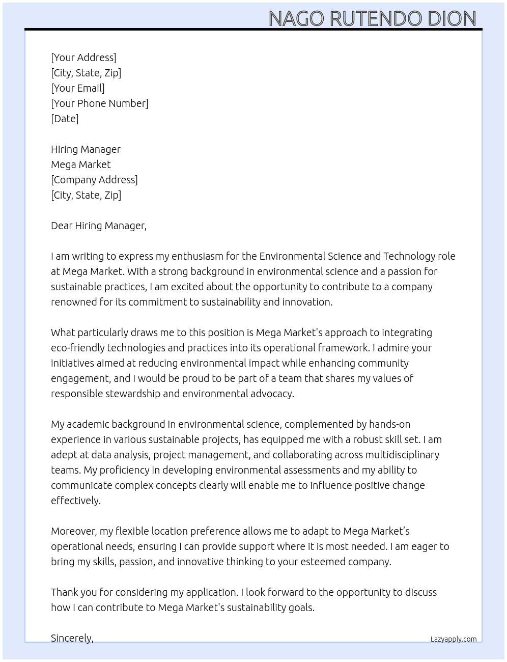 Environmental Science and Technology role At Mega Market  Cover Letter