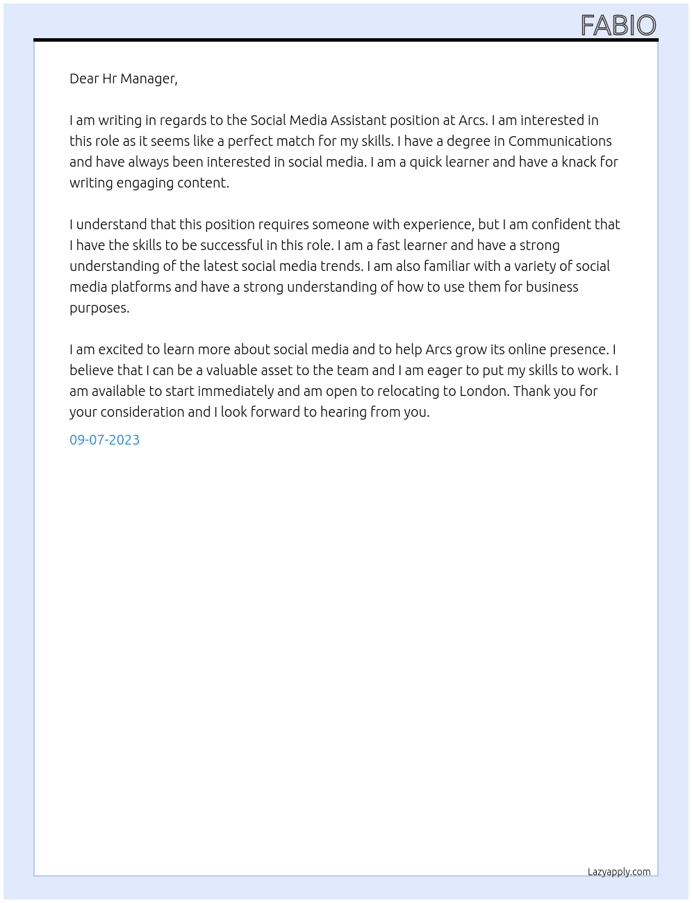 Social media assistant At Arcs Cover Letter