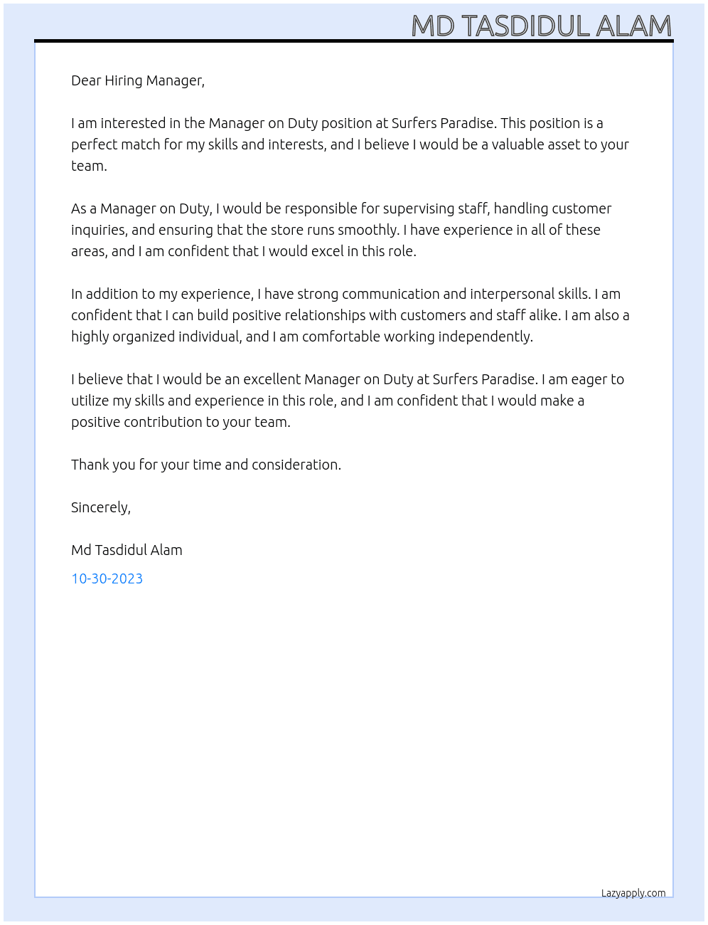 Manager on Duty At  Surfers Paradise Cover Letter