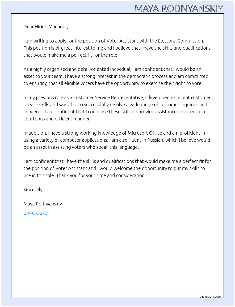 Voter Assistant At Electoral Commission Cover Letter