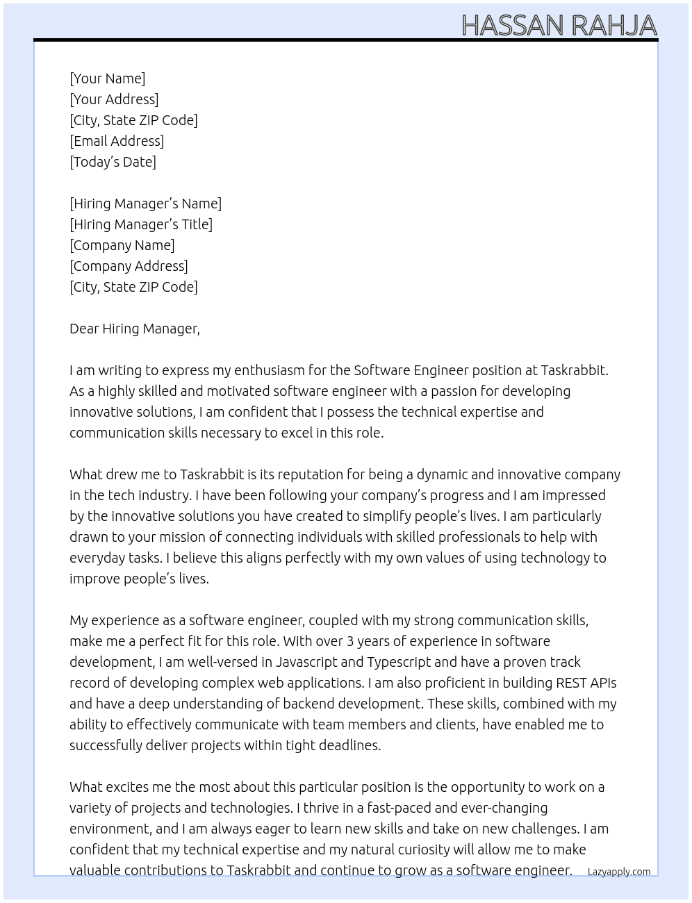 Software Engineer At Taskrabbit Cover Letter