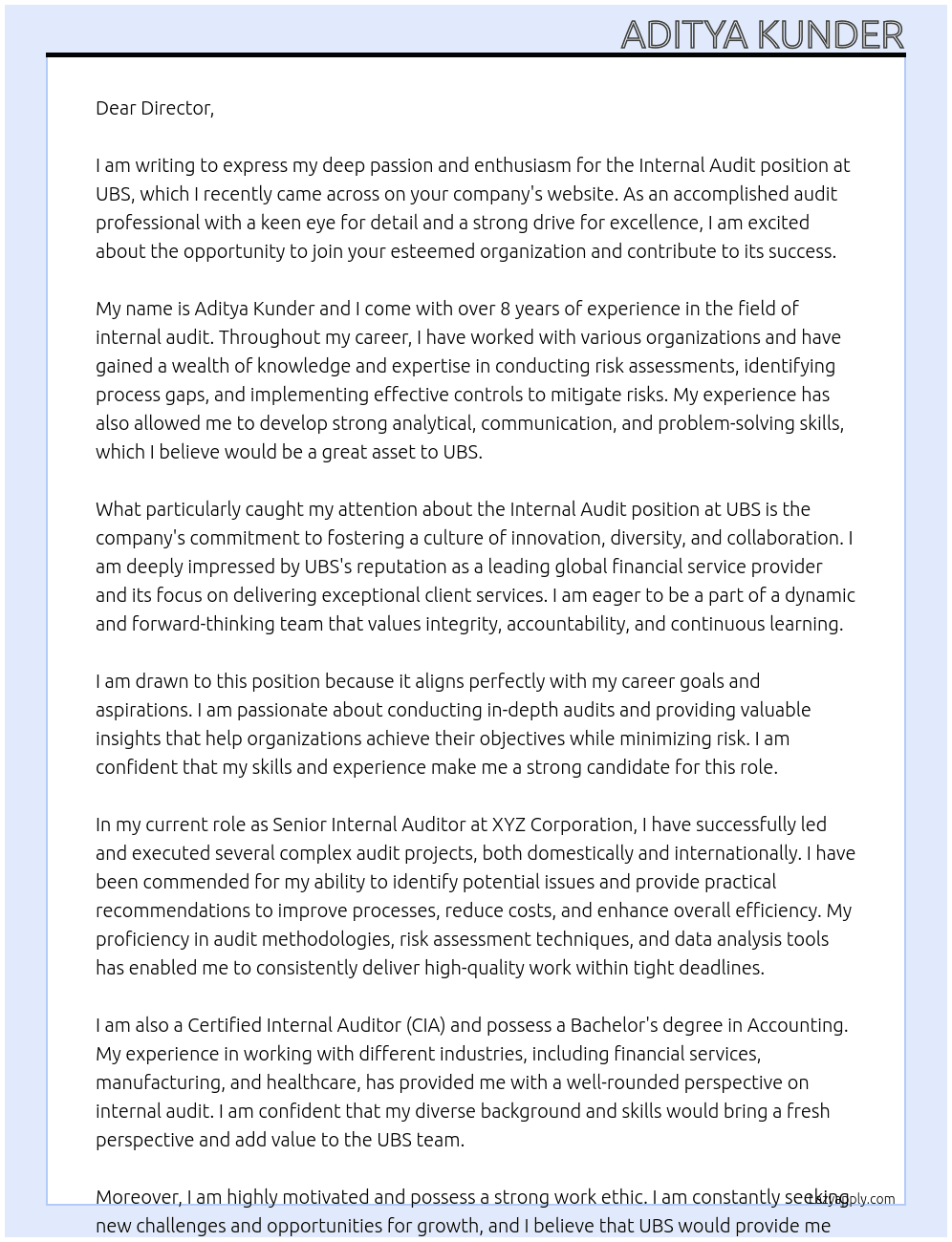 Internal Audit At UBS Cover Letter