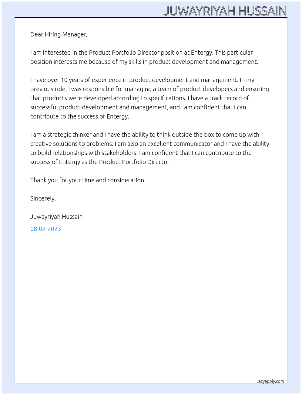 product portfolio director At Entergy Cover Letter