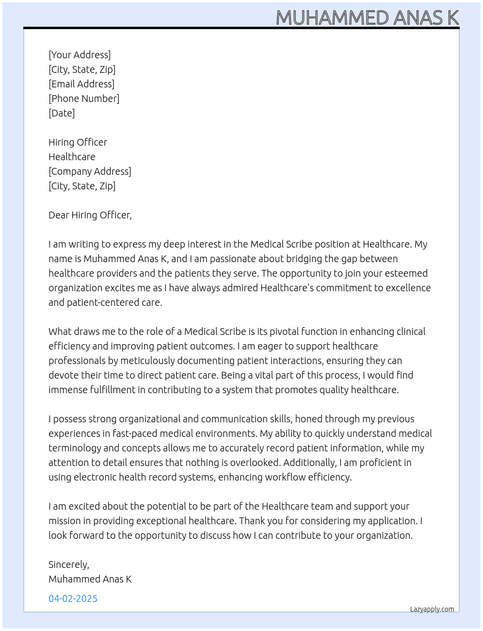 Medical Scribe At Healthcare Cover Letter