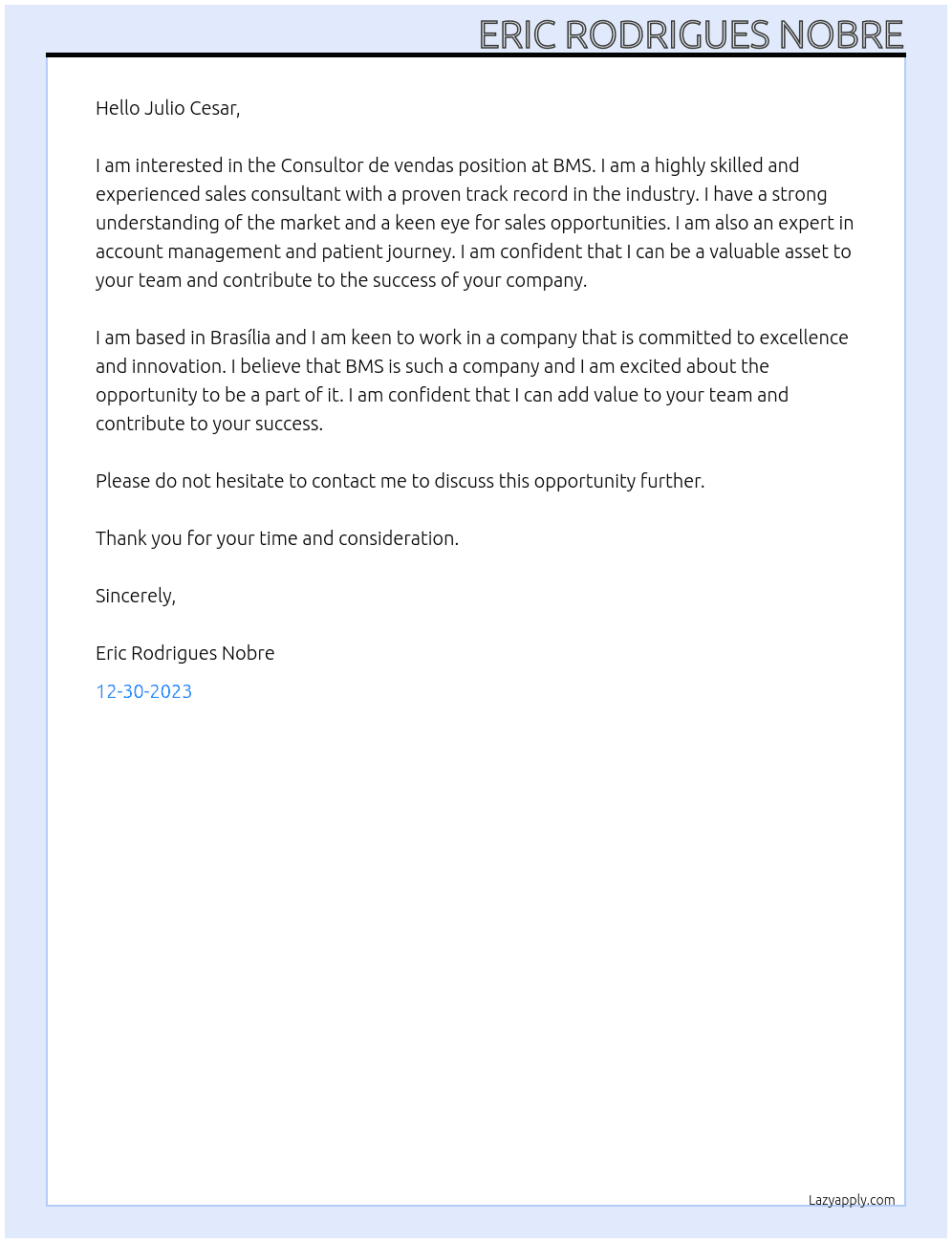 Consultor de vendas  At BMS Cover Letter