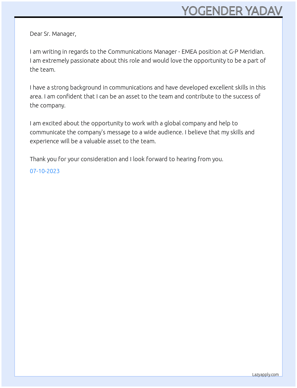 Communications Manager - EMEA At G-P Meridian Cover Letter
