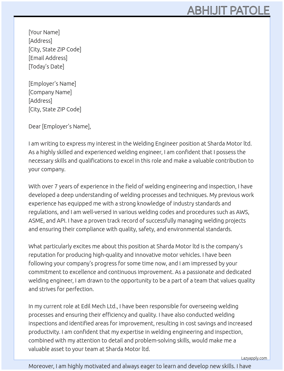 Welding Engineer At Sharda Motor ltd Cover Letter