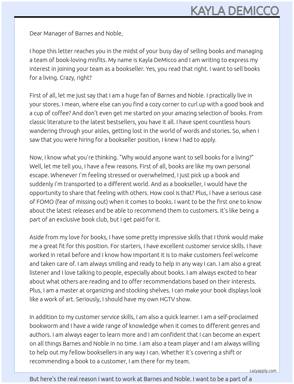 Bookseller At Barnes and noble Cover Letter