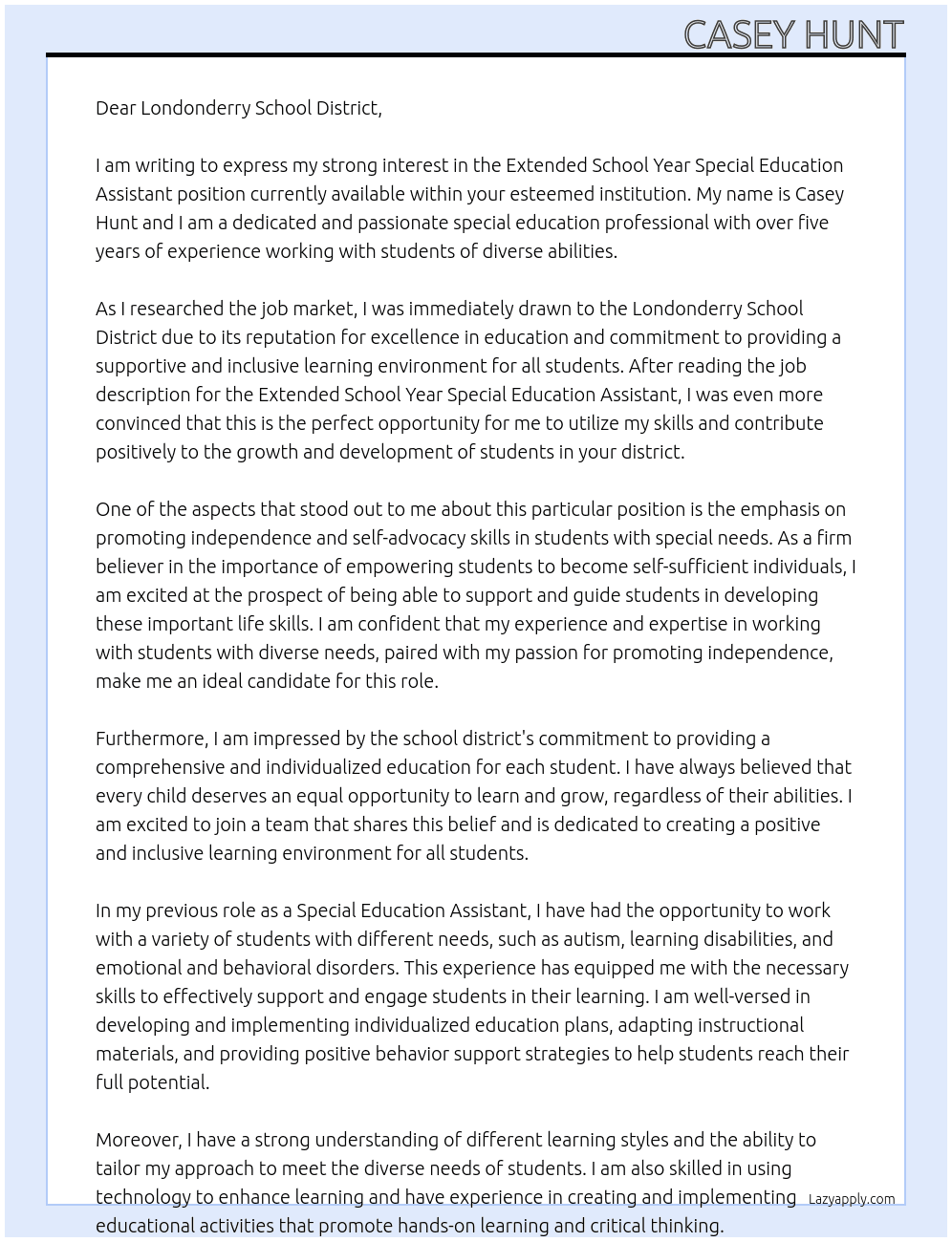 Extended School Year Special Education Assistant At Londonderry School District Cover Letter