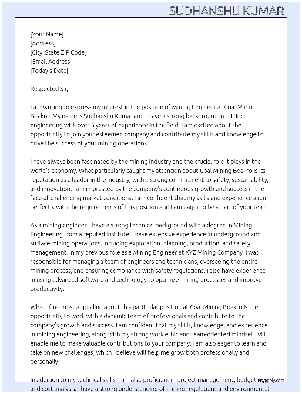 Mining Engineer  At Coal mining boakro  Cover Letter