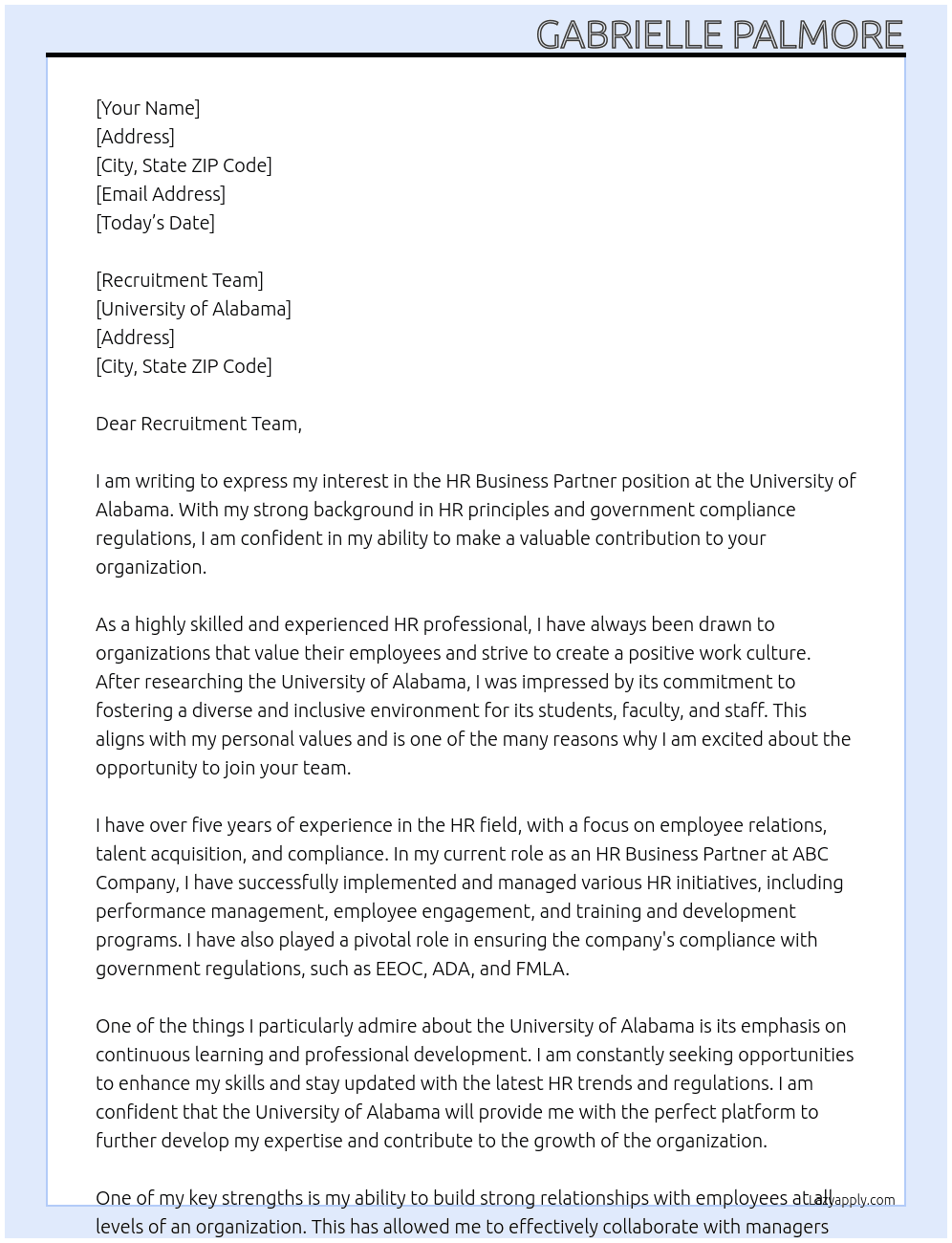 HR Business Partner At University of Alabama Cover Letter