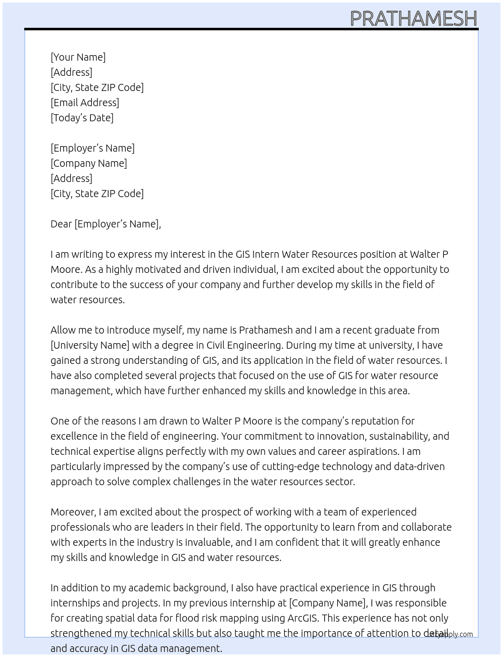 GIS Intern water resources At Walter P Moore Cover Letter