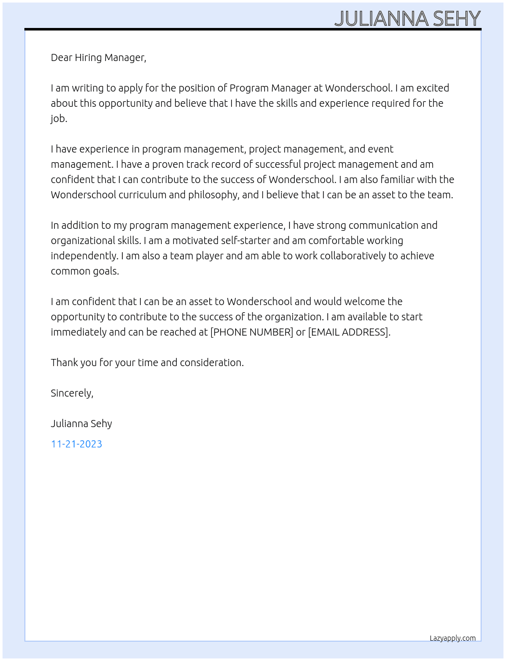 Program Manager At Wonderschool Cover Letter