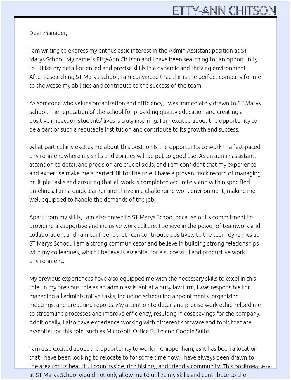 Admin Assistant At ST Marys School Cover Letter
