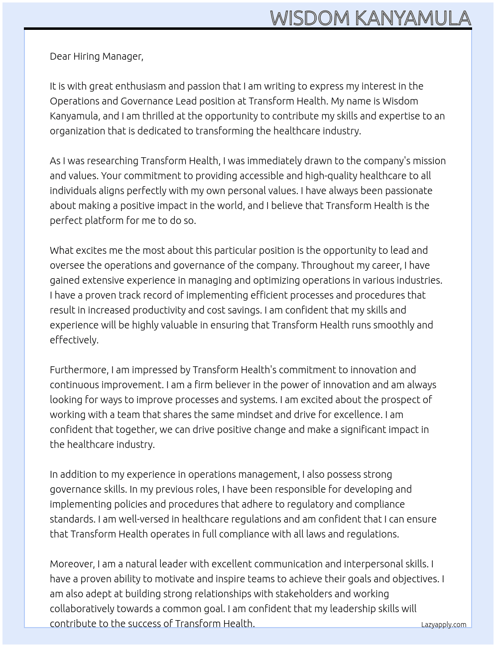Operations and Governance Lead At Transform Health Cover Letter