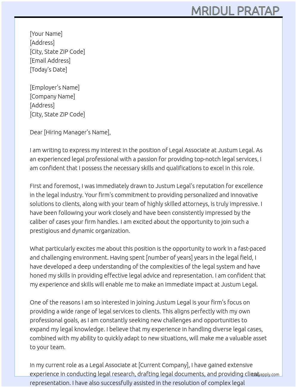 Legal Associate  At Justum Legal Cover Letter