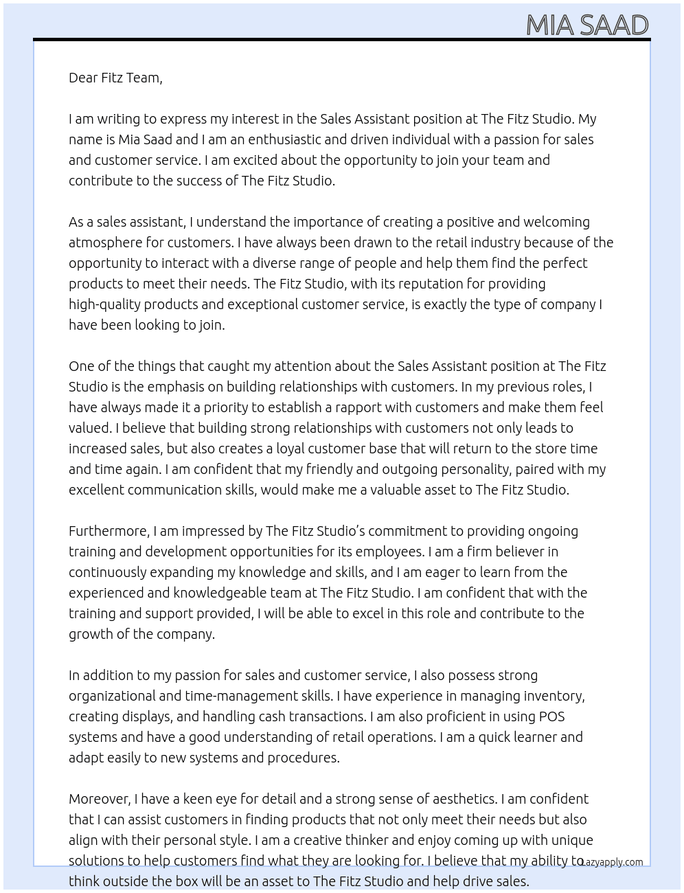 Sales Assistant At The Fitz Studio Cover Letter