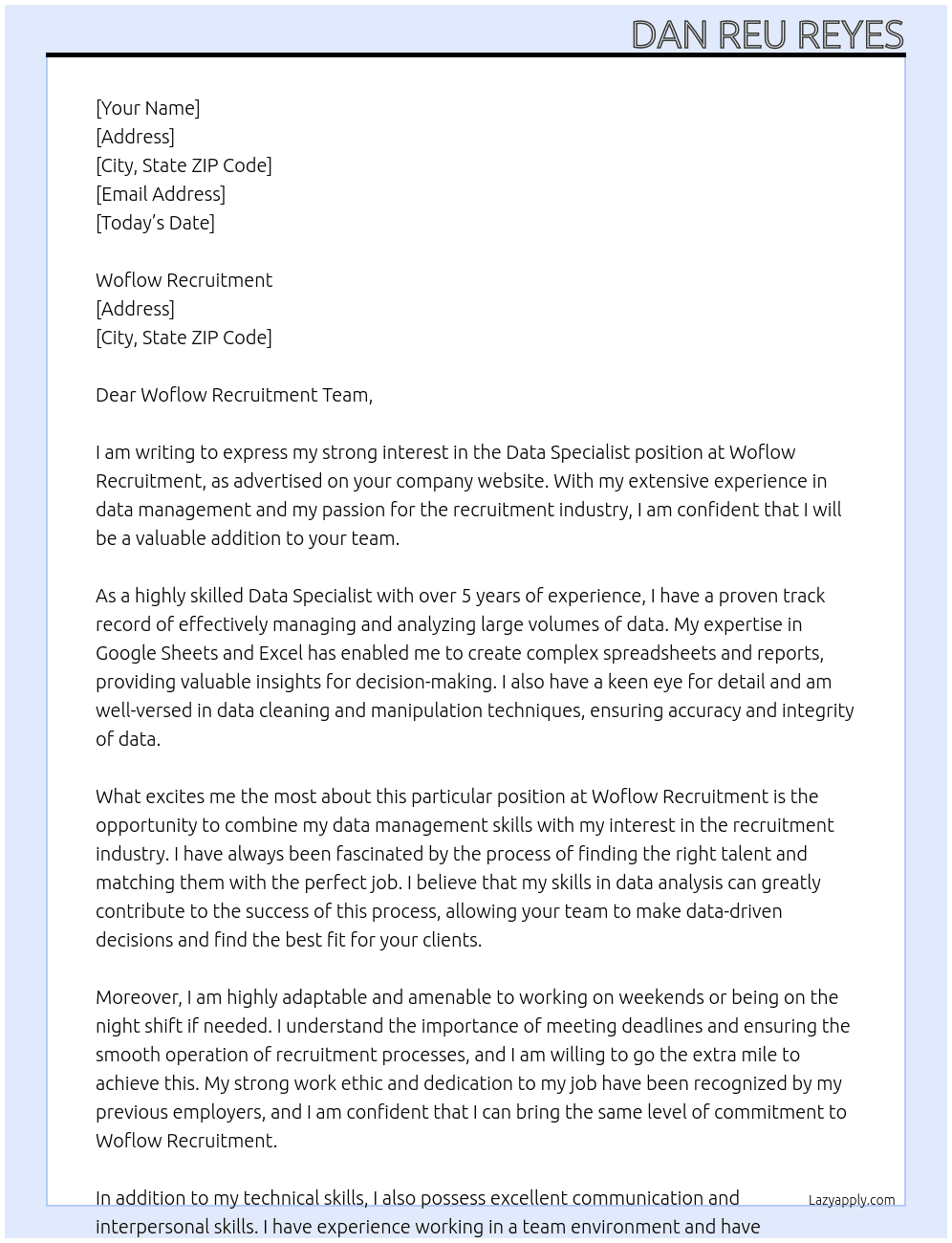 Data Specialist At Woflow Recruitment Cover Letter
