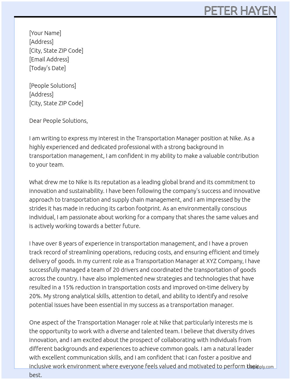 Transportation Manager At Nike Cover Letter