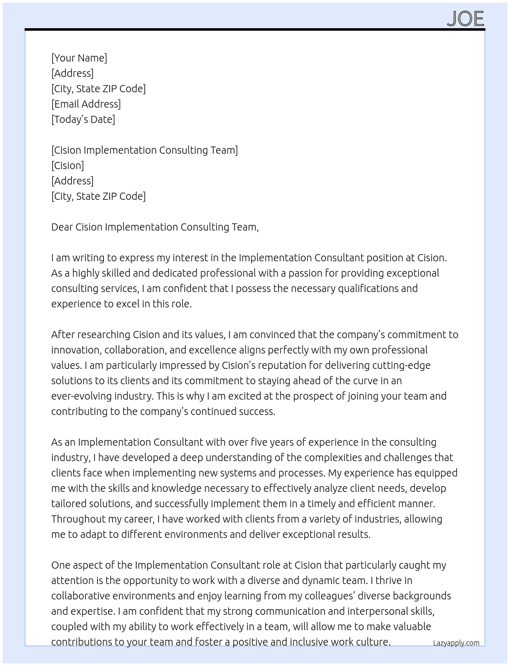 Implementation Consultant At Cision Cover Letter