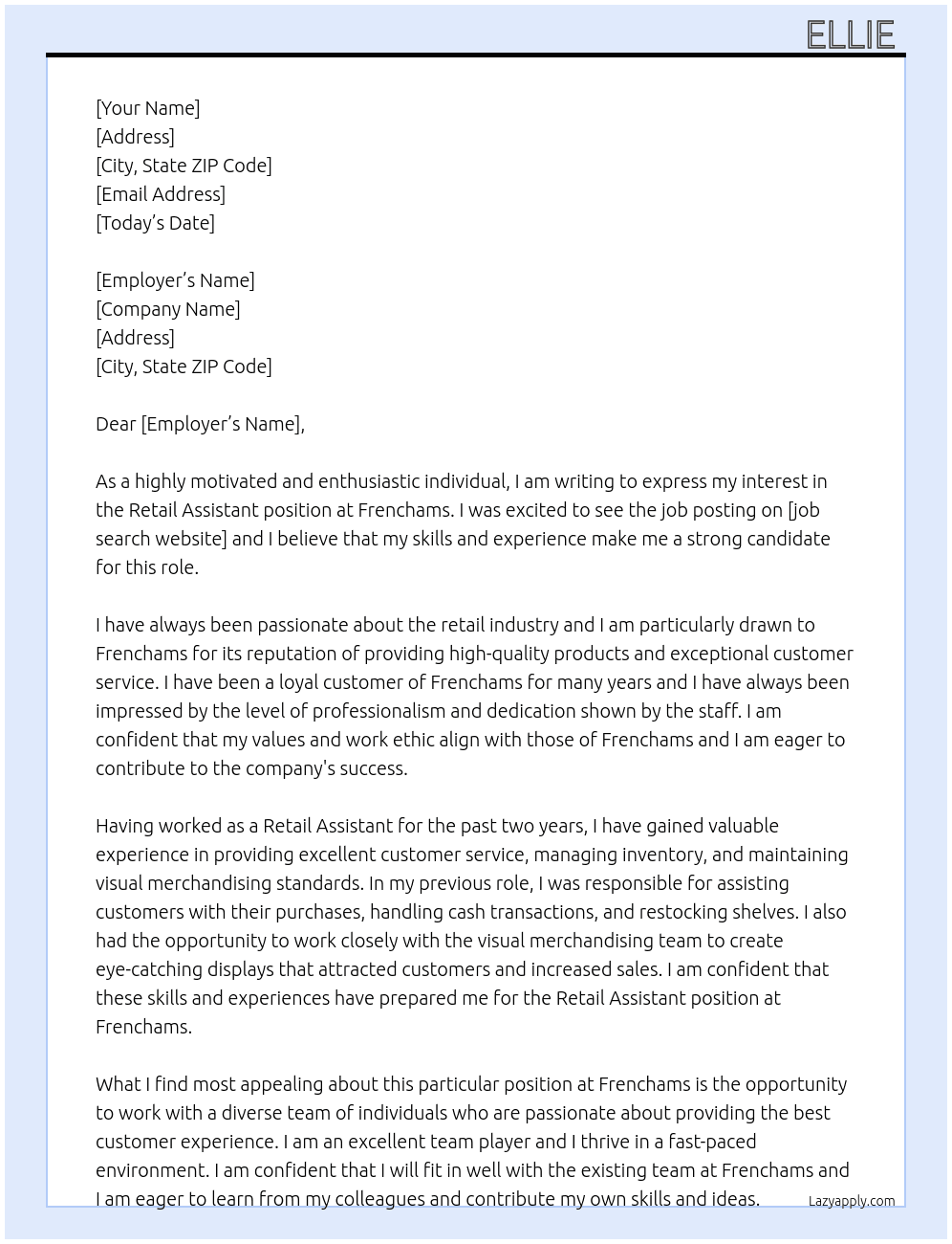 Retail assistant  At Frenchams Cover Letter