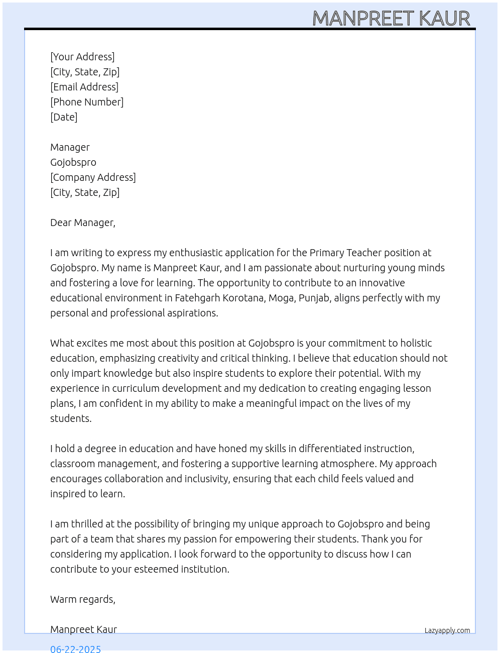 Primary teacher  At Gojobspro Cover Letter