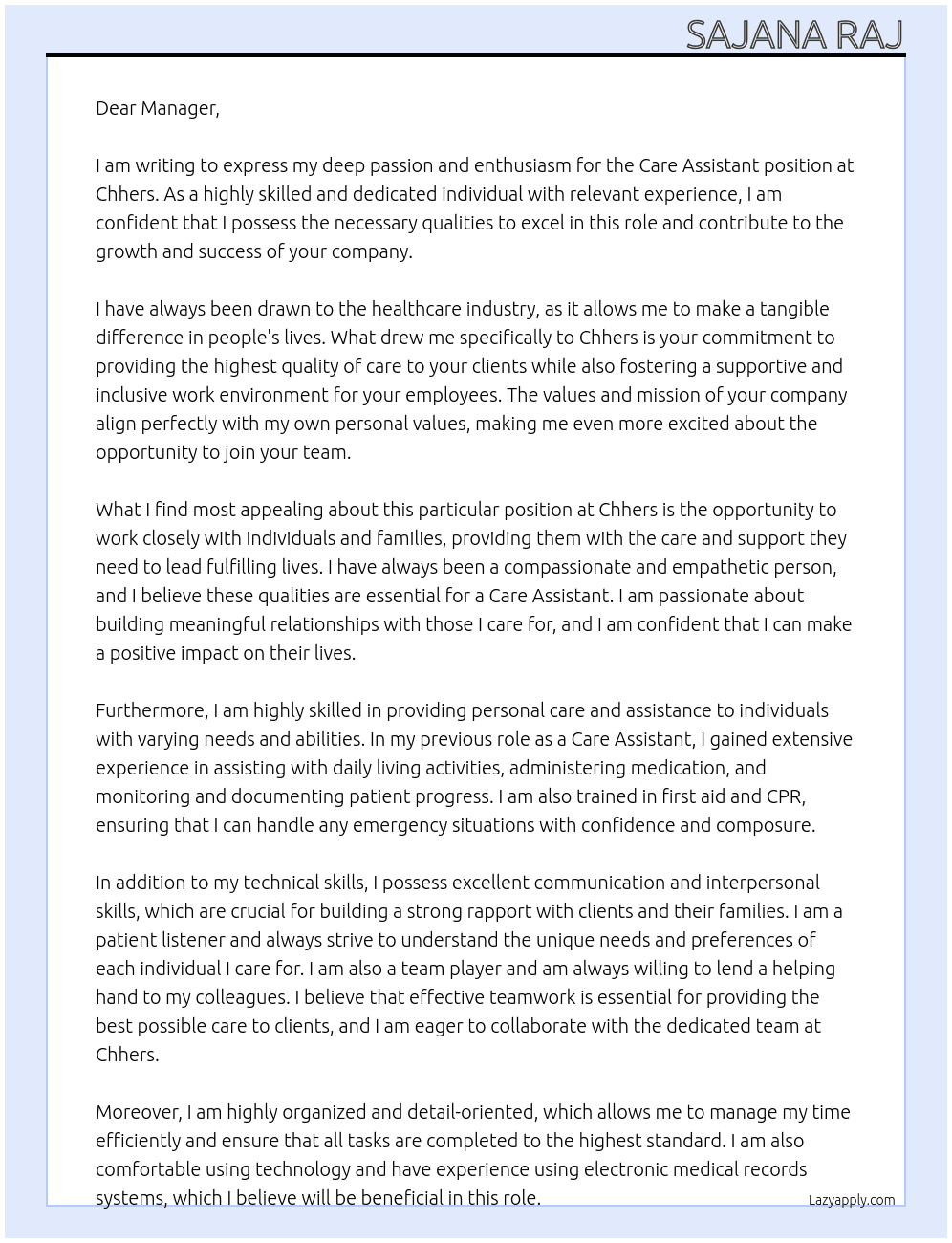 Care assistant At Chhers Cover Letter