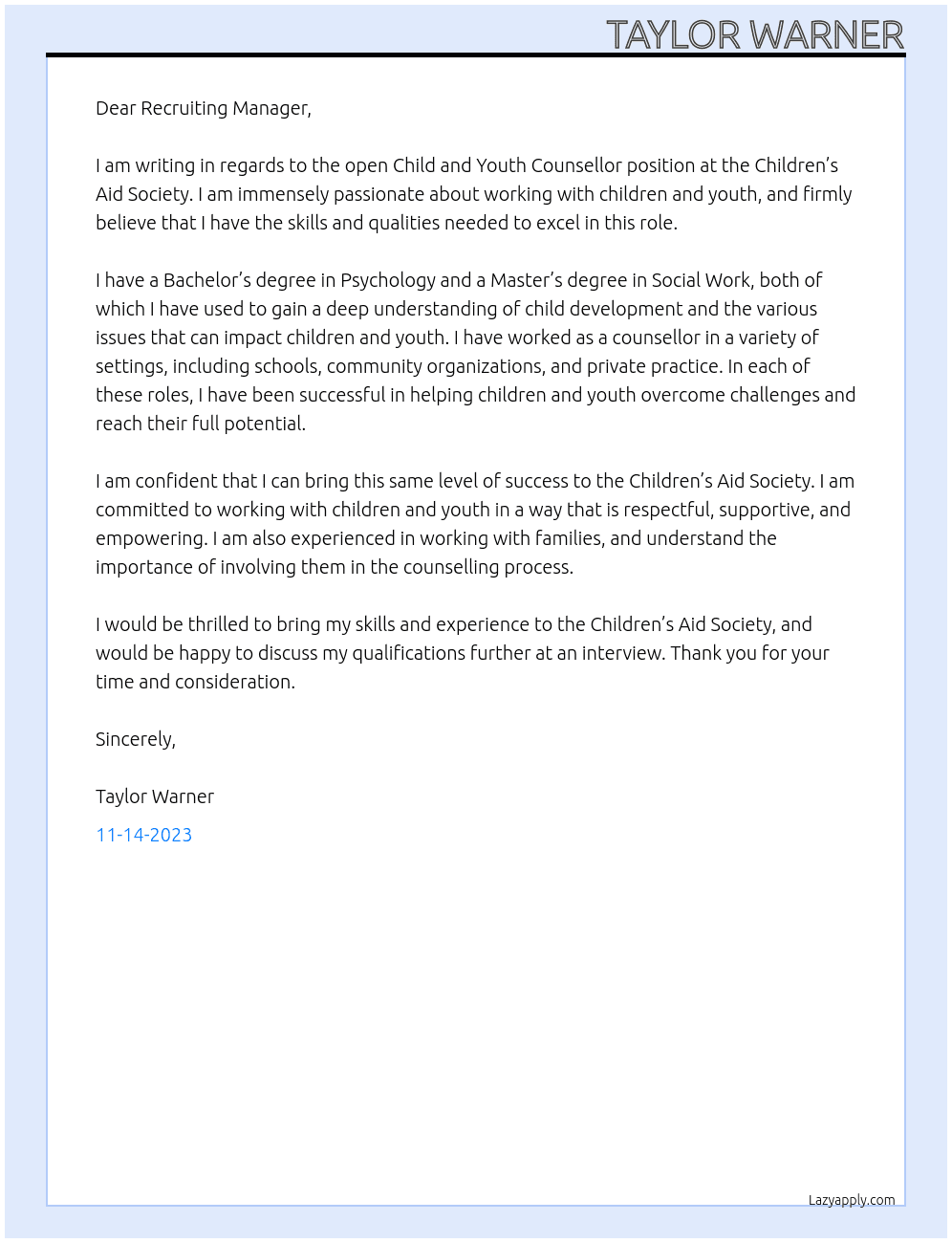 Child and Youth Counsellor At Children’s Aid Society  Cover Letter