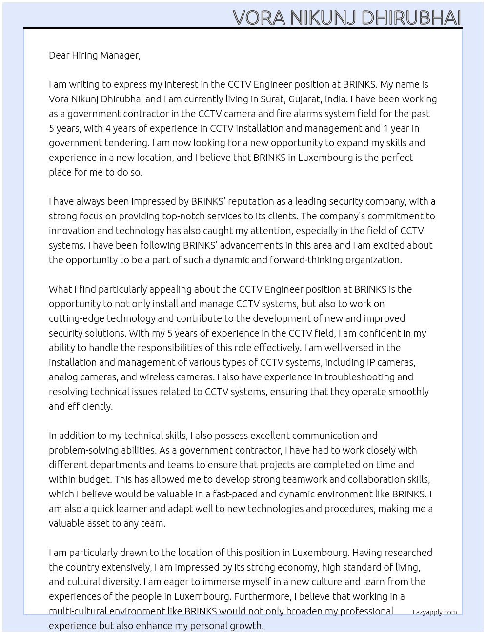 CCTV ENGINEER  At BRINKS Cover Letter