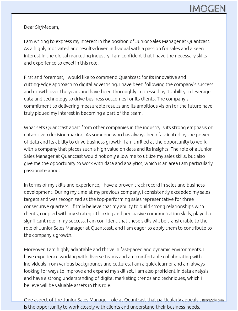 Junior Sales Manager  At quantcast Cover Letter