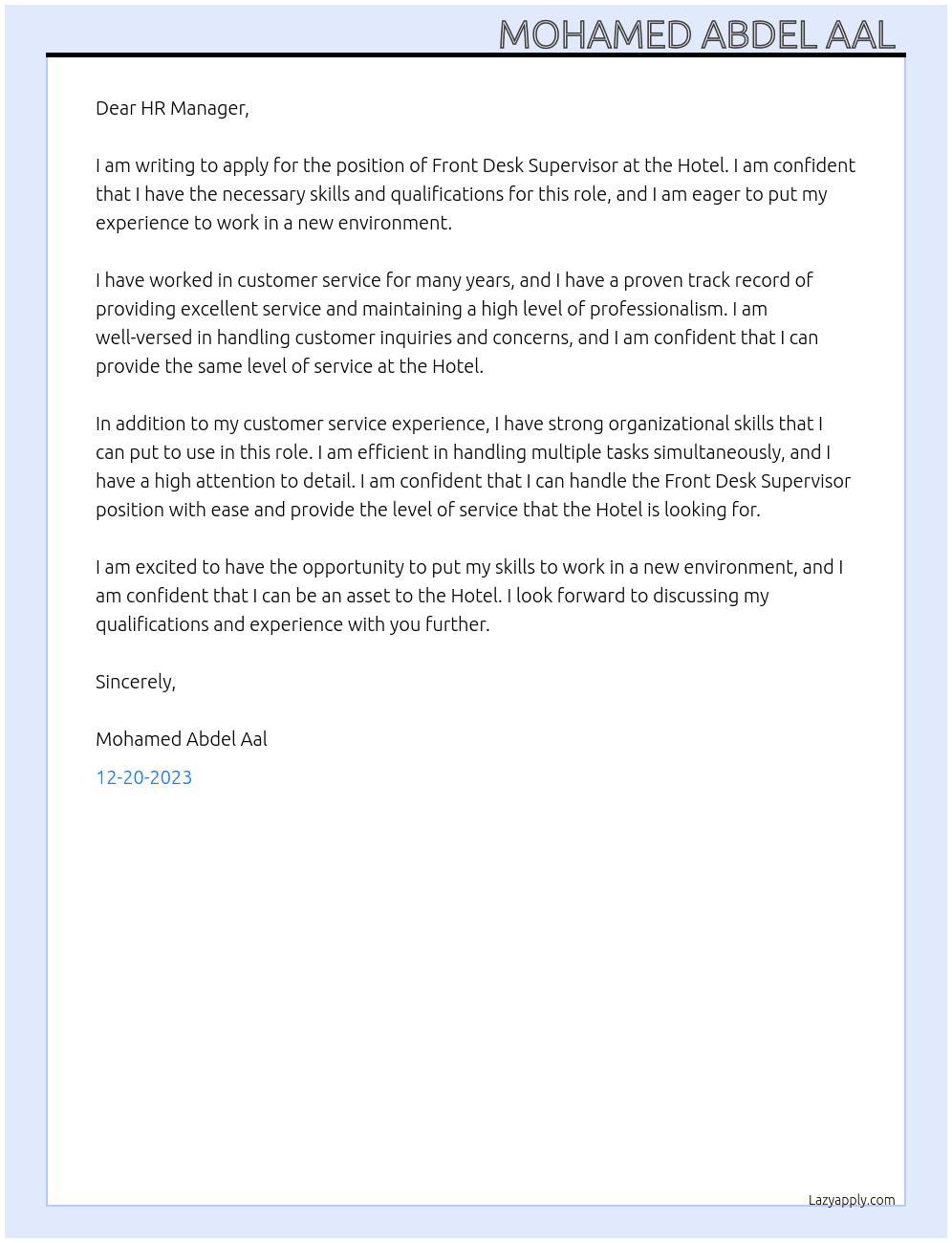 Front desk supervisor  At Hotel Cover Letter