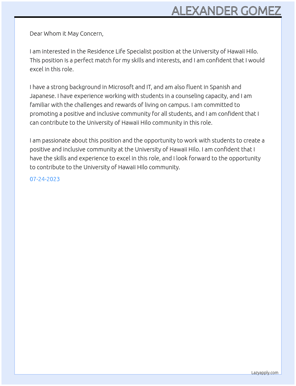 Residence Life Specialist At University of Hawaii Hilo Cover Letter