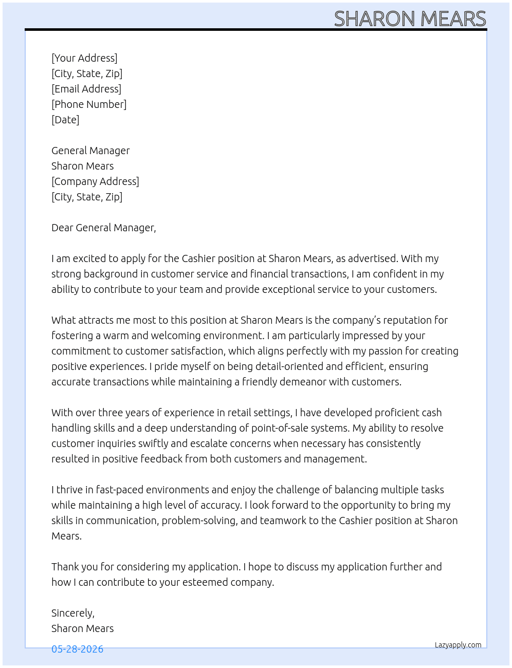 Cashier At Sharon Mears Cover Letter