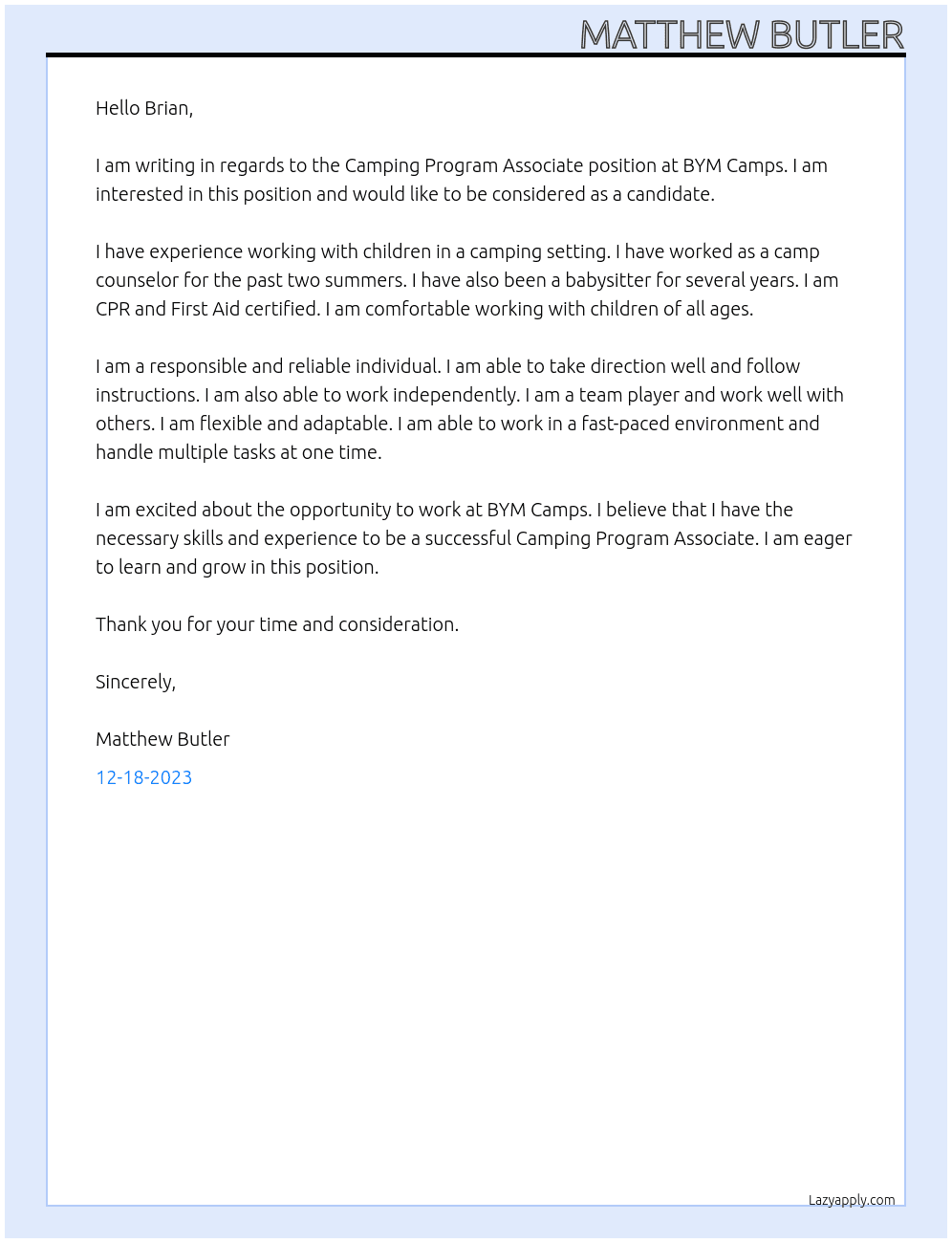Camping Program Associate  At BYM Camps Cover Letter