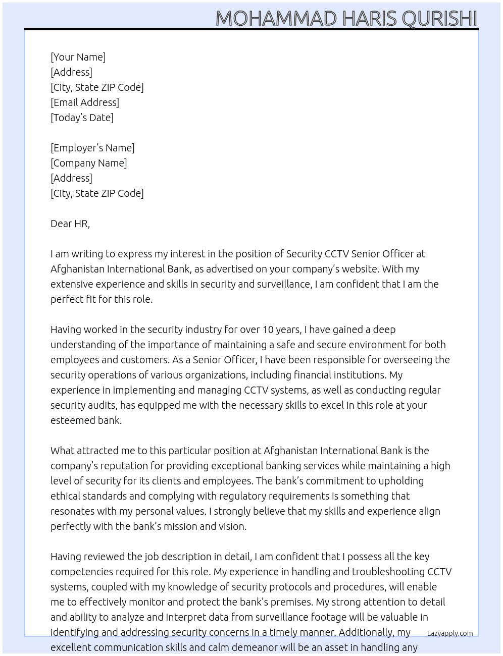 Security CCTV Senior Officer At Afghanistan International Bank Cover Letter