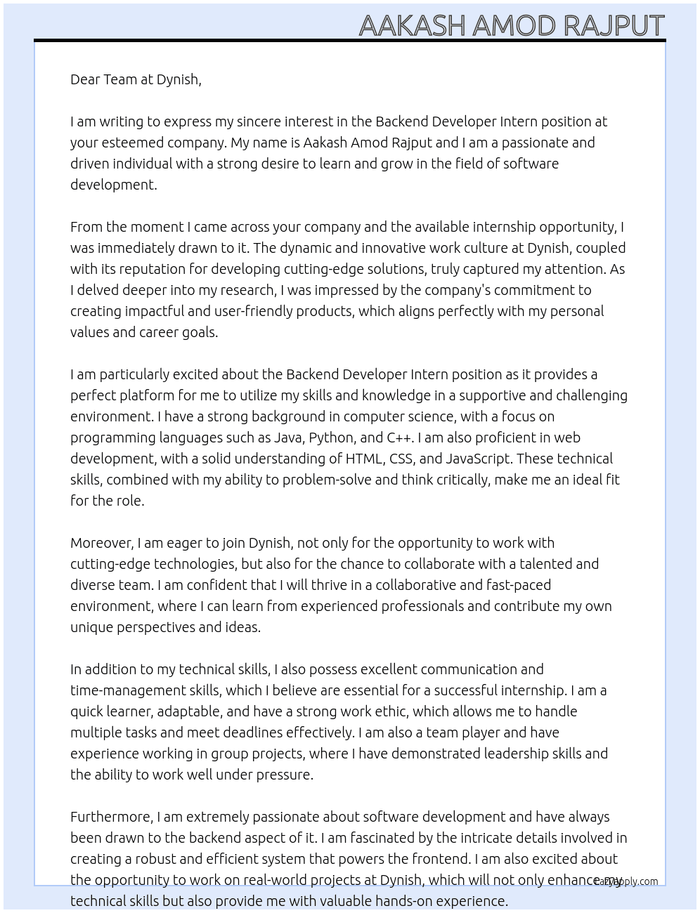 Backend Developer Intern At Dynish Cover Letter