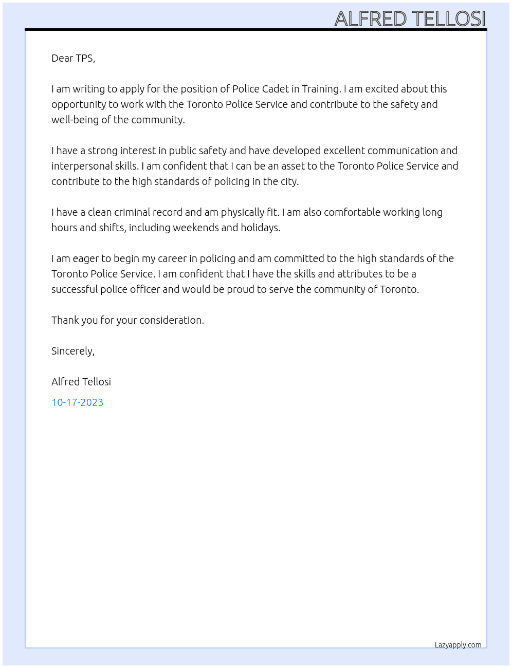 Police Cadet in Training At Toronto Police Service  Cover Letter