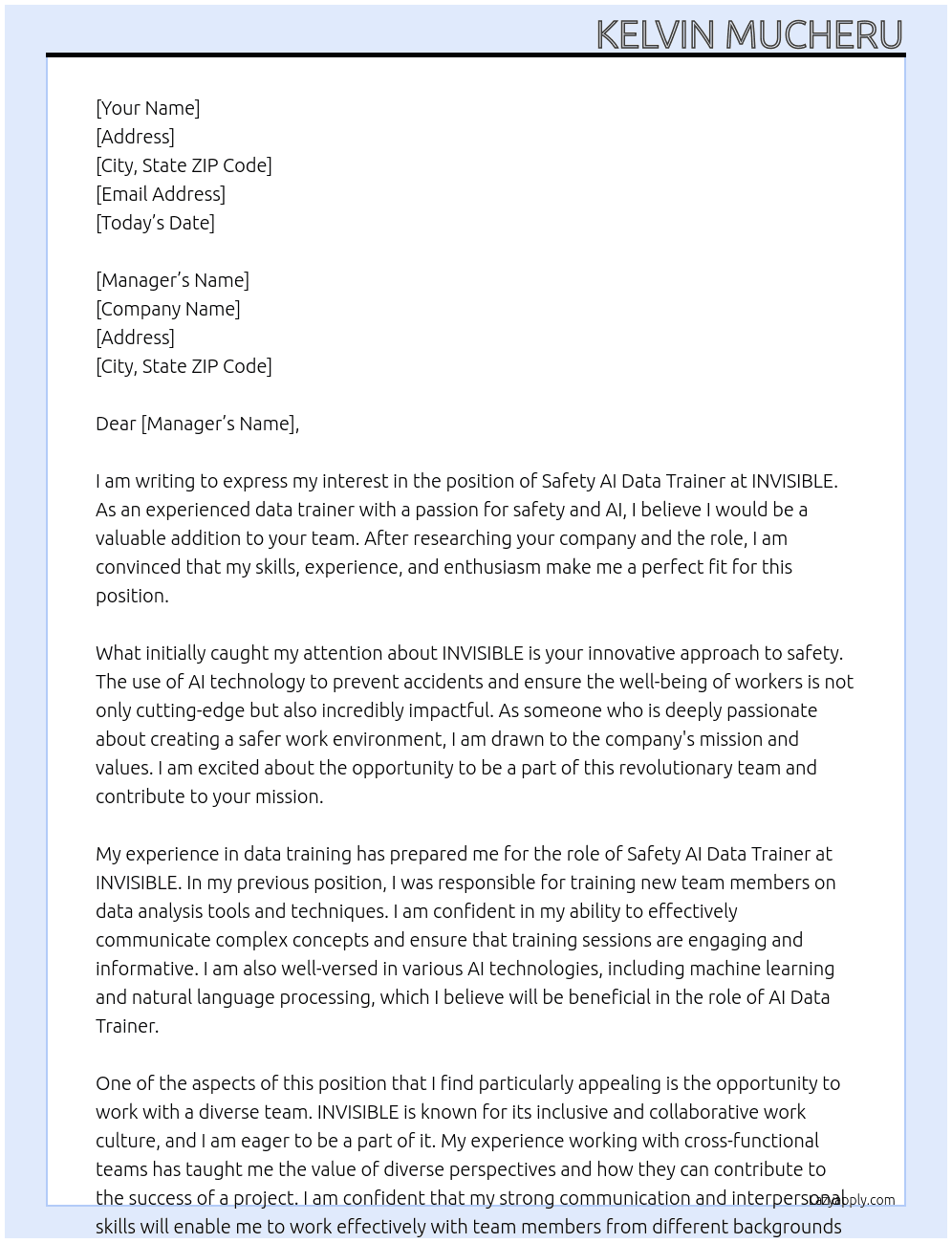Safety AI Data Trainer At INVISIBLE Cover Letter