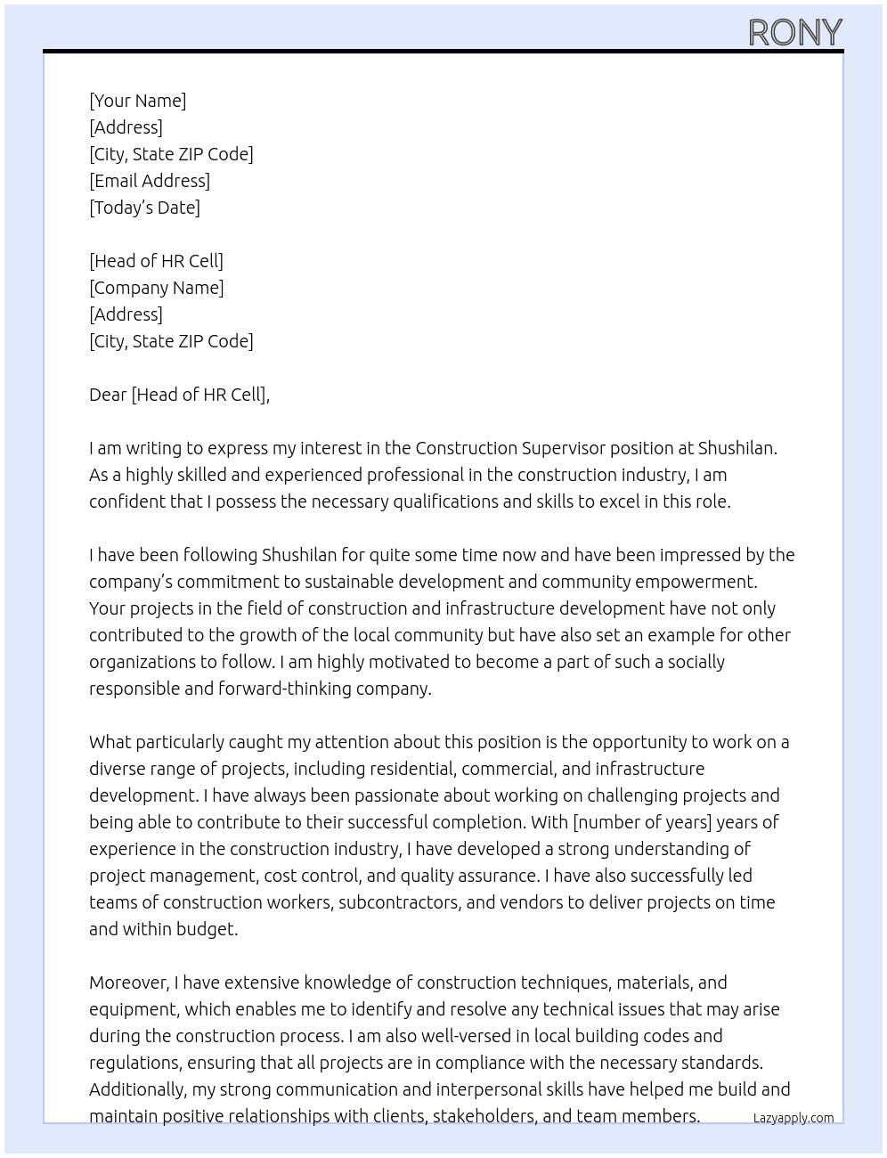 Construction Supervisor  At shushilan Cover Letter