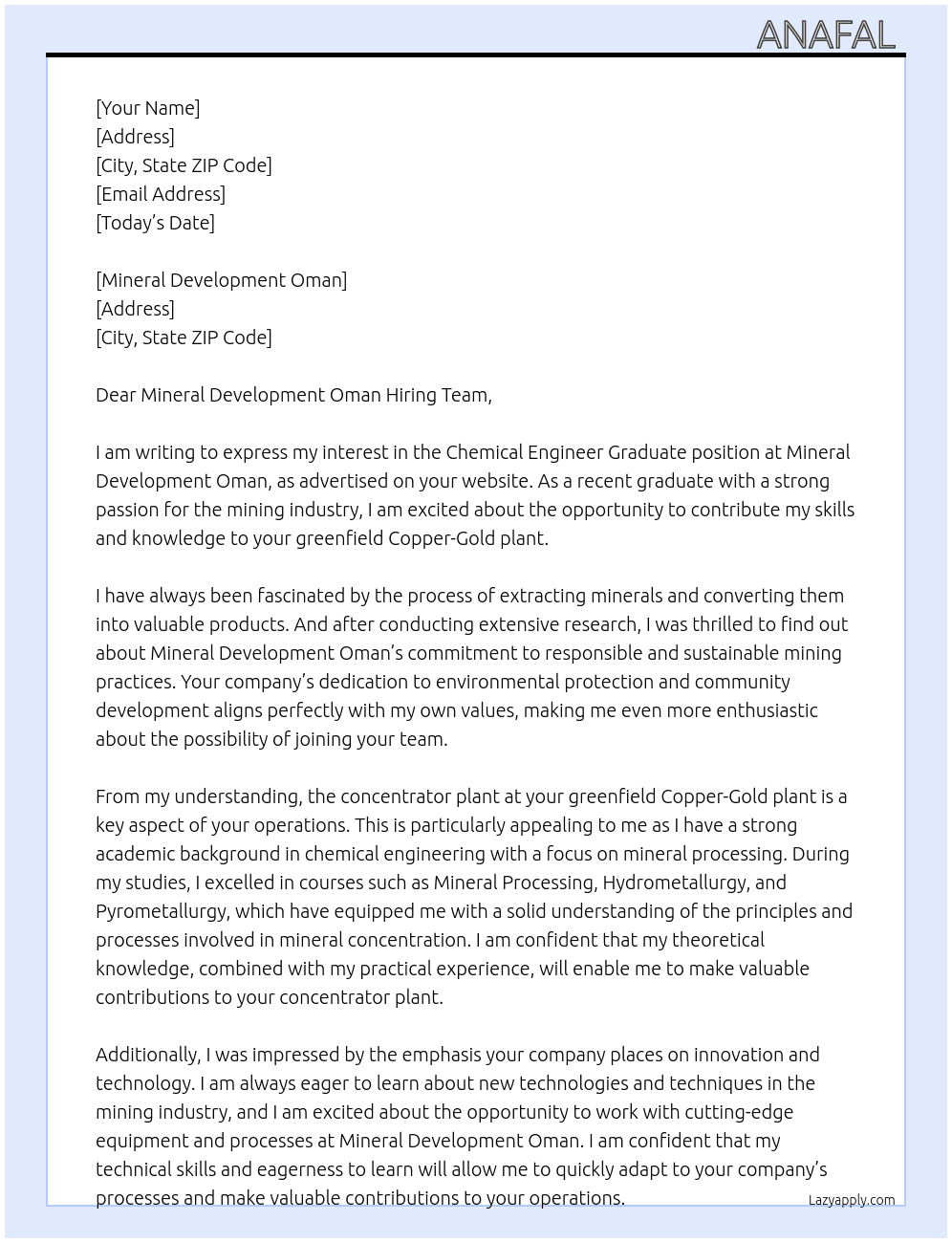 Chemical Engineer Graduate (concentrator plant in the greenfield Copper-Gold plant) At Mineral Development Oman Cover Letter
