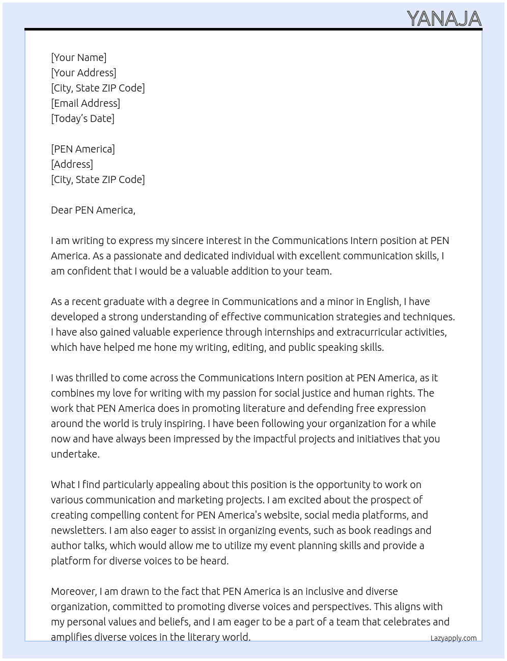 Communications Intern At PEN America Cover Letter